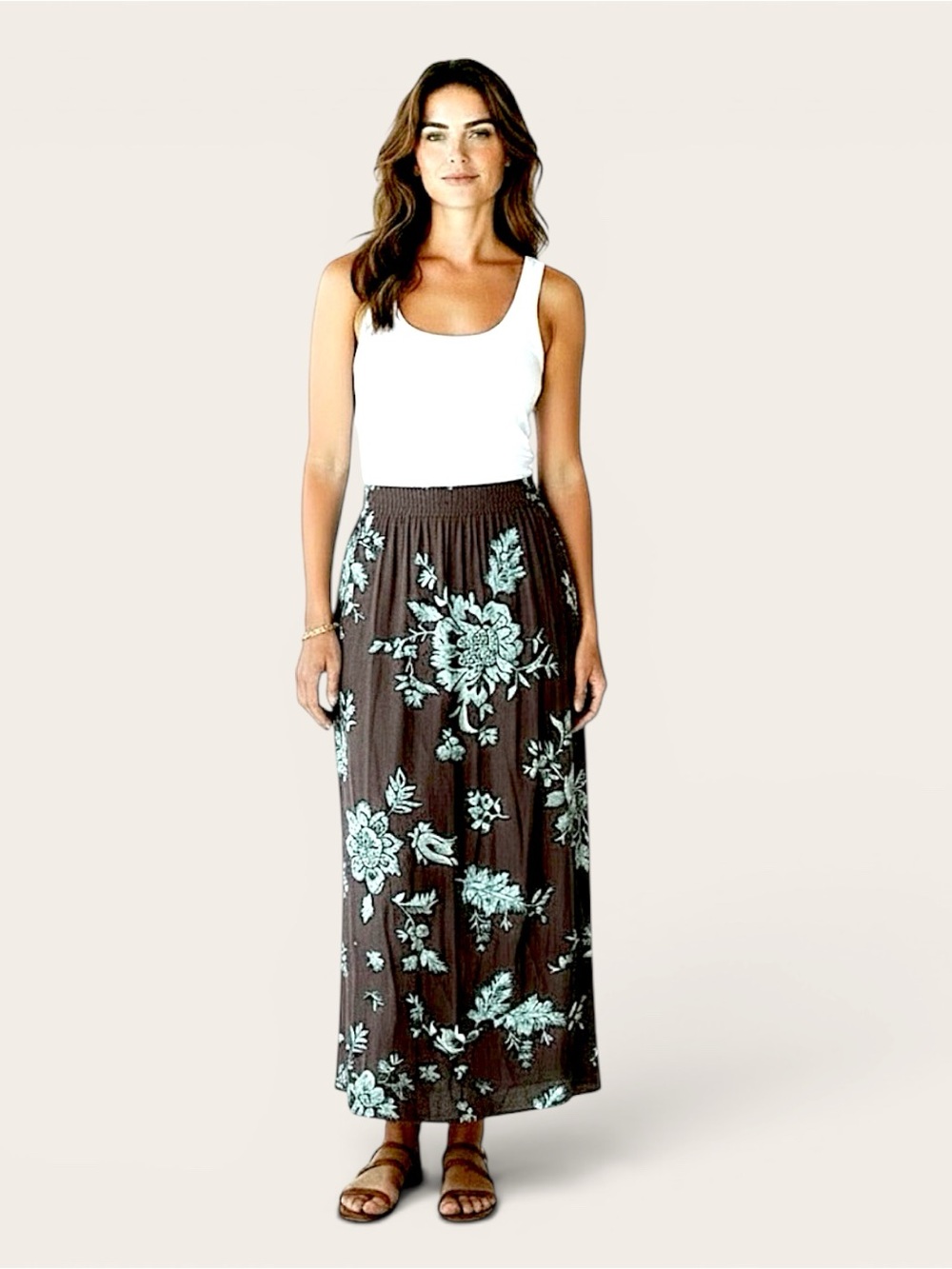 PROVENCE D’AMOUR Brown & White floral ankle length skirt XL